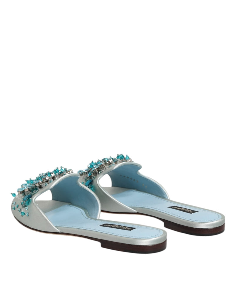 Dolce & Gabbana Silver Blue Leather Bead Embellish Slide Shoes - Beyzy Store - Dolce & Gabbana