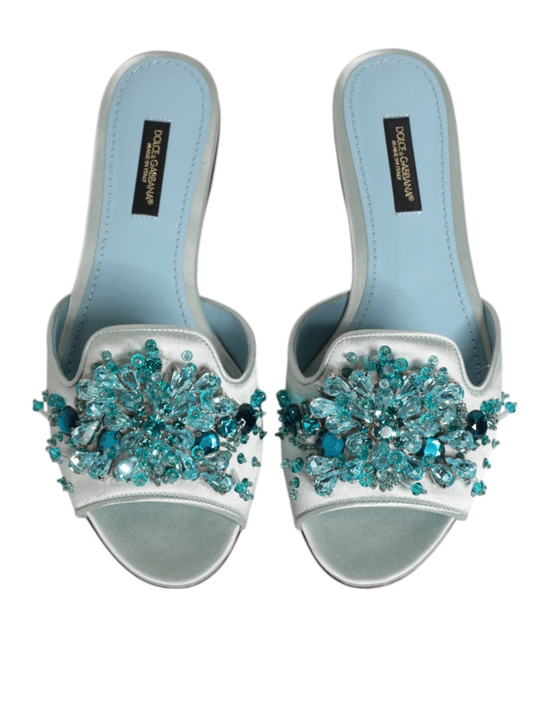 Dolce & Gabbana Silver Blue Leather Bead Embellish Slide Shoes - Beyzy Store - Dolce & Gabbana