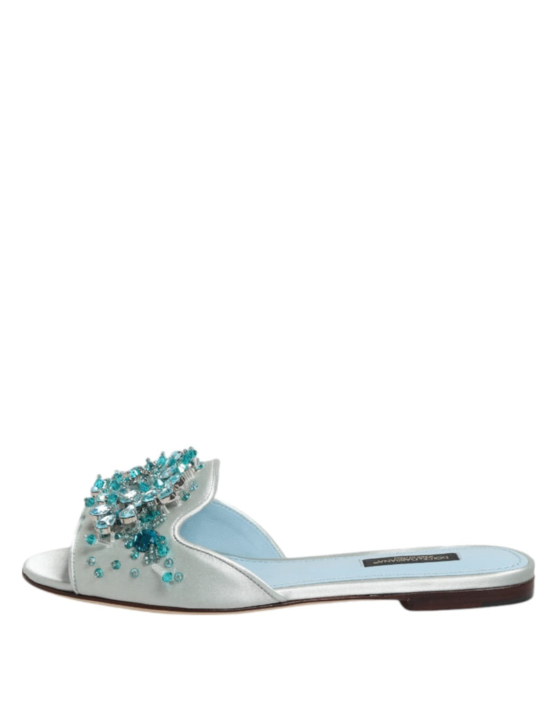 Dolce & Gabbana Silver Blue Leather Bead Embellish Slide Shoes - Beyzy Store - Dolce & Gabbana