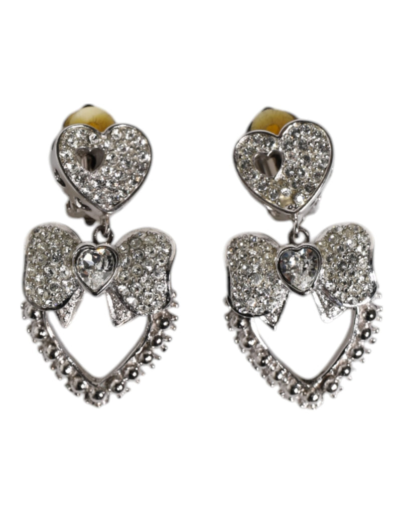 Dolce & Gabbana Silver Heart Bow Rhinestones Dangle Clip - On Earrings - Beyzy Store - Dolce & Gabbana