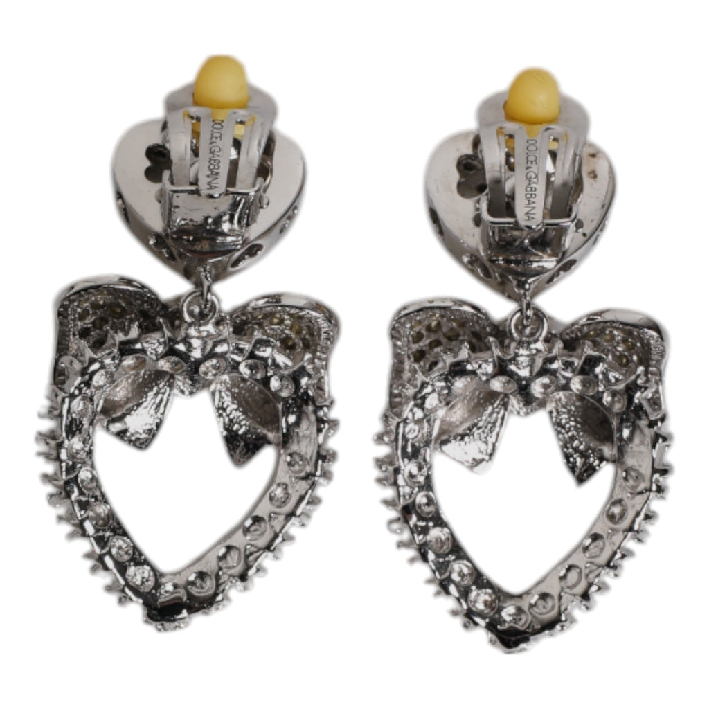 Dolce & Gabbana Silver Heart Bow Rhinestones Dangle Clip - On Earrings - Beyzy Store - Dolce & Gabbana