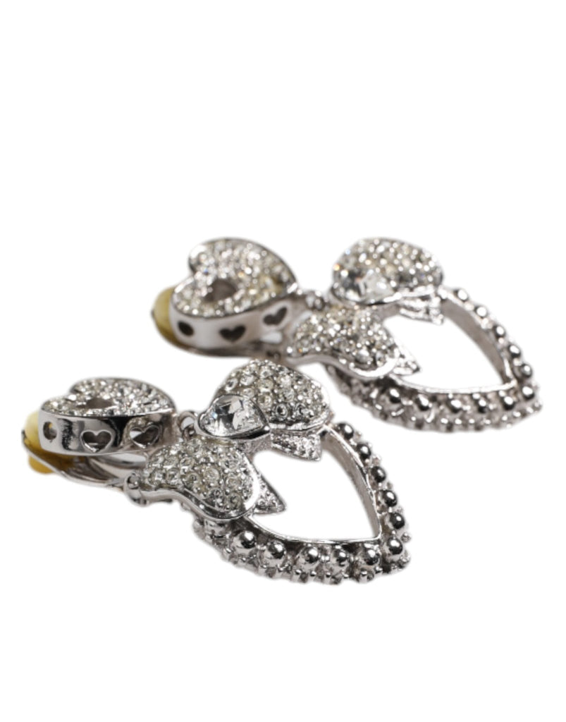 Dolce & Gabbana Silver Heart Bow Rhinestones Dangle Clip - On Earrings - Beyzy Store - Dolce & Gabbana