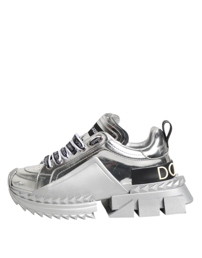 Dolce & Gabbana Silver Leather Super Queen Sneakers Shoes - Beyzy Store - Dolce & Gabbana