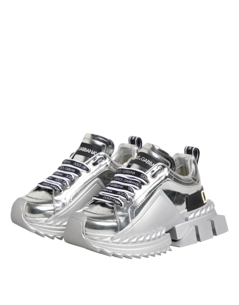 Dolce & Gabbana Silver Leather Super Queen Sneakers Shoes - Beyzy Store - Dolce & Gabbana