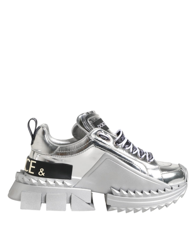 Dolce & Gabbana Silver Leather Super Queen Sneakers Shoes - Beyzy Store - Dolce & Gabbana