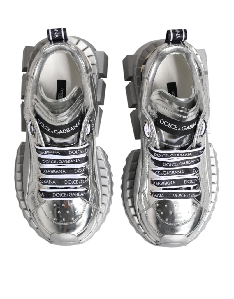 Dolce & Gabbana Silver Leather Super Queen Sneakers Shoes - Beyzy Store - Dolce & Gabbana