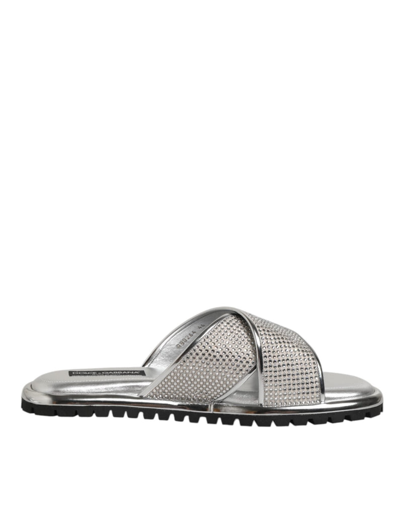 Dolce & Gabbana Silver Strass Slides Flats Slippers Shoes - Beyzy Store - Dolce & Gabbana