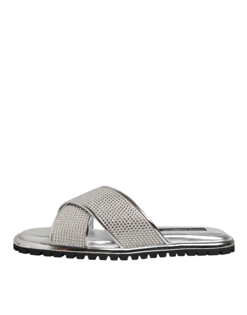 Dolce & Gabbana Silver Strass Slides Flats Slippers Shoes - Beyzy Store - Dolce & Gabbana