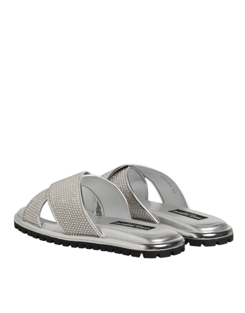 Dolce & Gabbana Silver Strass Slides Flats Slippers Shoes - Beyzy Store - Dolce & Gabbana