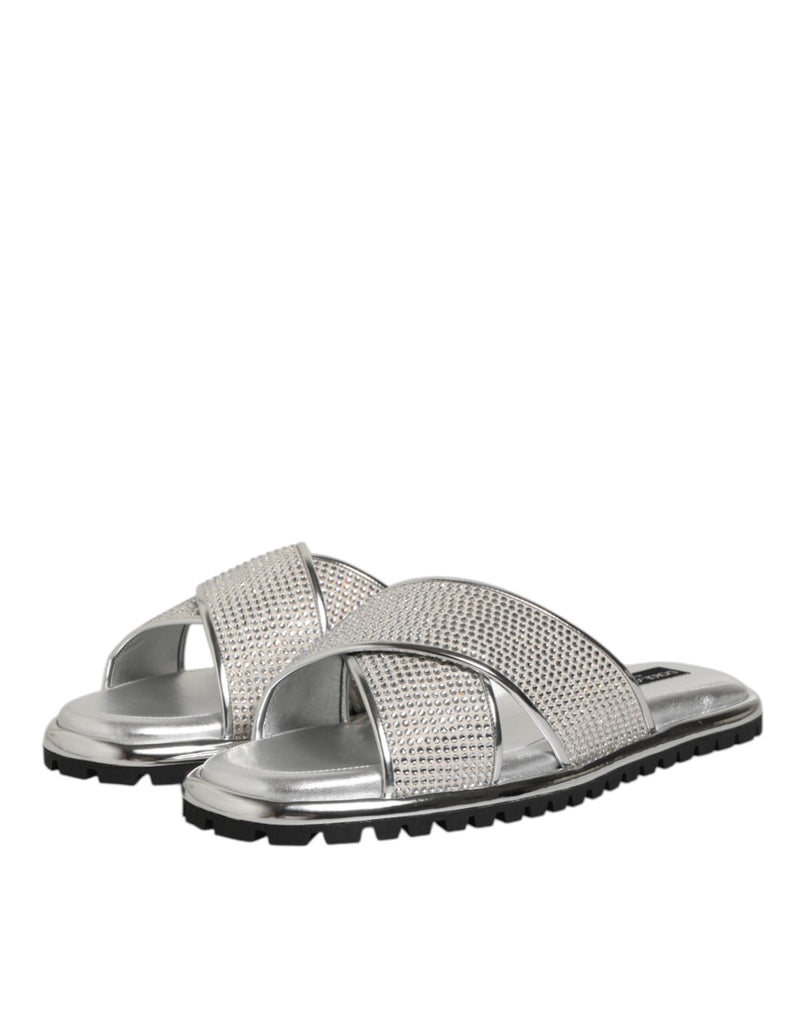 Dolce & Gabbana Silver Strass Slides Flats Slippers Shoes - Beyzy Store - Dolce & Gabbana