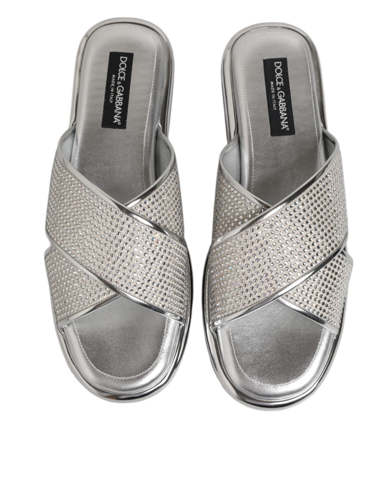 Dolce & Gabbana Silver Strass Slides Flats Slippers Shoes - Beyzy Store - Dolce & Gabbana