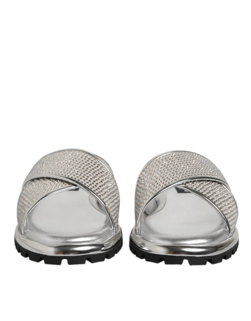 Dolce & Gabbana Silver Strass Slides Flats Slippers Shoes - Beyzy Store - Dolce & Gabbana