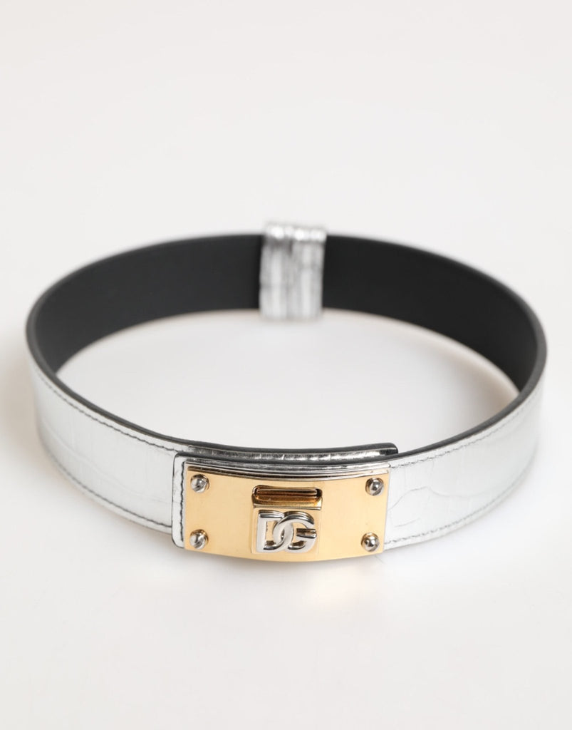 Dolce & Gabbana Silver Textured Leather Gold Tone Metal Neckband - Beyzy Store - Dolce & Gabbana
