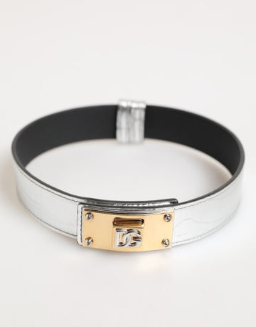 Dolce & Gabbana Silver Textured Leather Gold Tone Metal Neckband - Beyzy Store - Dolce & Gabbana