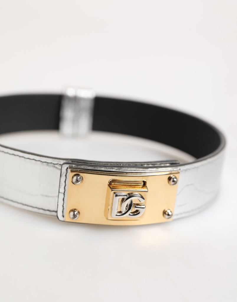 Dolce & Gabbana Silver Textured Leather Gold Tone Metal Neckband - Beyzy Store - Dolce & Gabbana