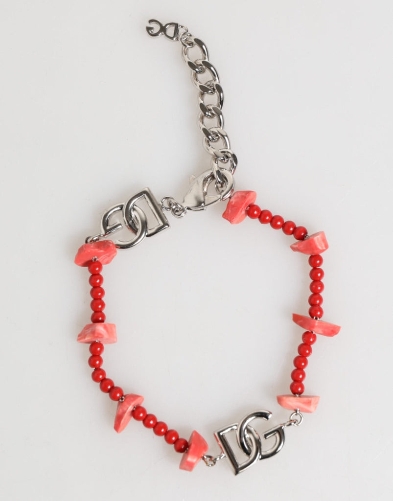 Dolce & Gabbana Silver Tone Brass Beaded Resin DG Logo Chain Men Bracelet - Beyzy Store - Dolce & Gabbana
