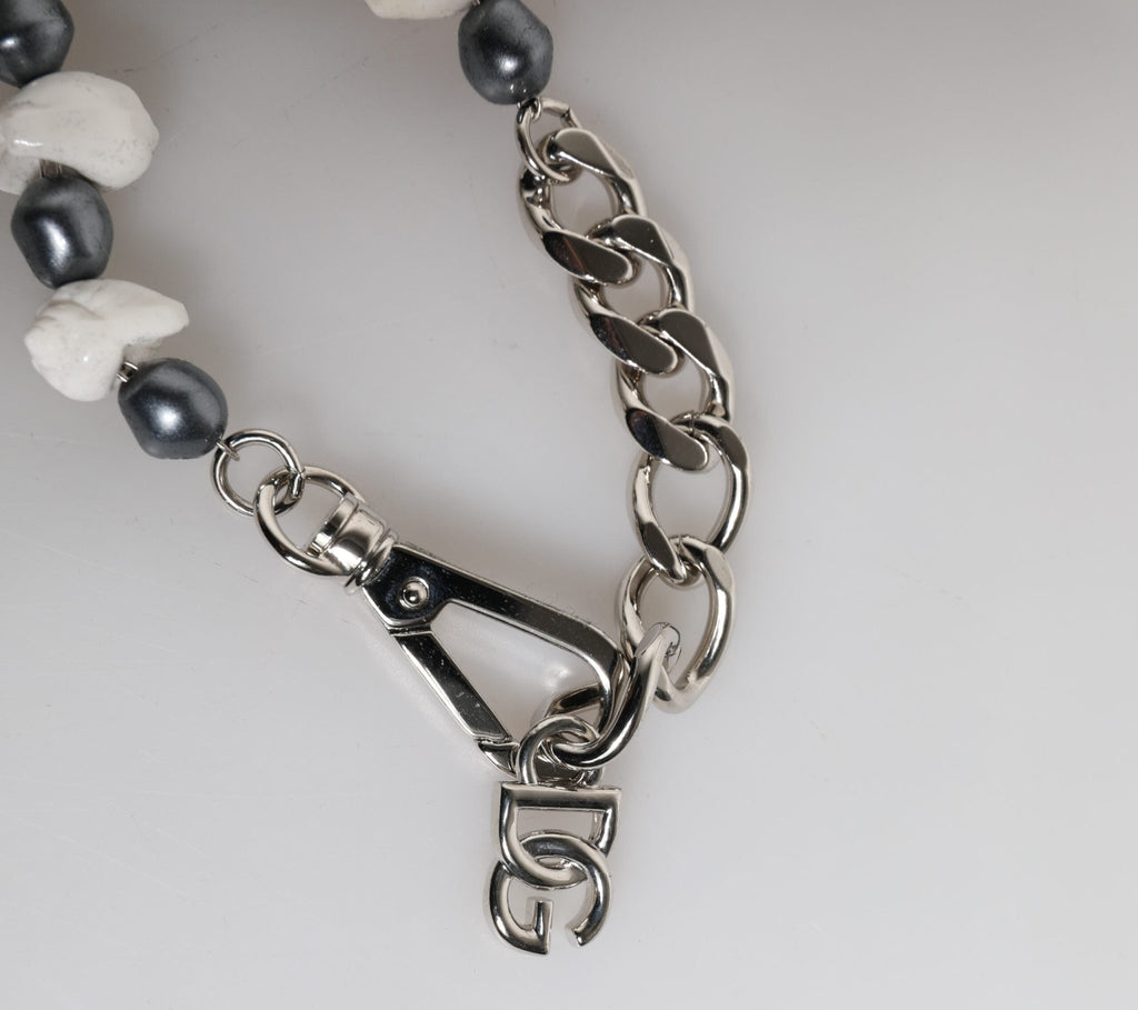 Dolce & Gabbana Silver Tone Brass Beaded Shell DG Logo Pendant Bracelet - Beyzy Store - Dolce & Gabbana