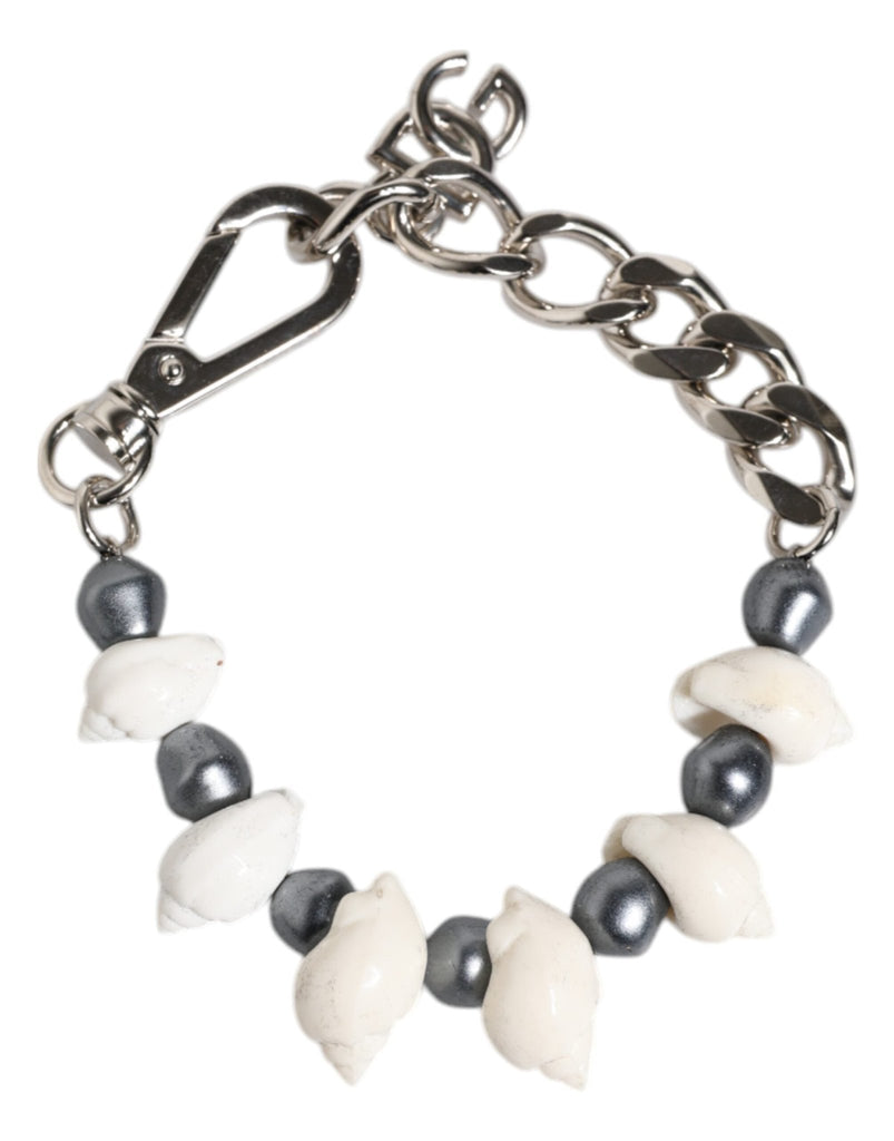 Dolce & Gabbana Silver Tone Brass Beaded Shell DG Logo Pendant Bracelet - Beyzy Store - Dolce & Gabbana