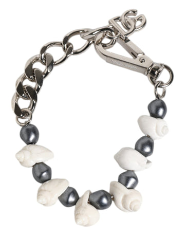 Dolce & Gabbana Silver Tone Brass Beaded Shell DG Logo Pendant Bracelet - Beyzy Store - Dolce & Gabbana