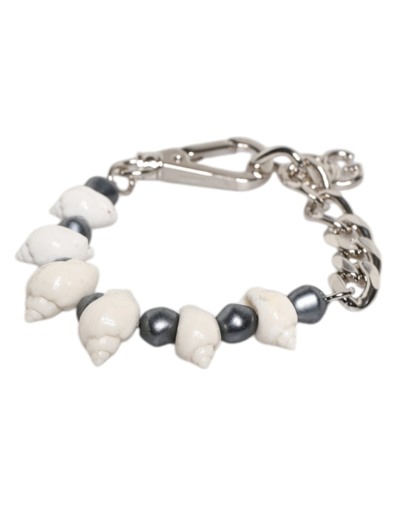 Dolce & Gabbana Silver Tone Brass Beaded Shell DG Logo Pendant Bracelet - Beyzy Store - Dolce & Gabbana