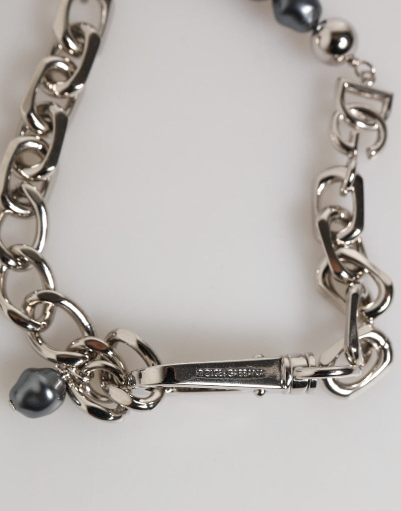 Dolce & Gabbana Silver Tone Chain Lobster Clasp Logo Gray Pearls Bracelet - Beyzy Store - Dolce & Gabbana