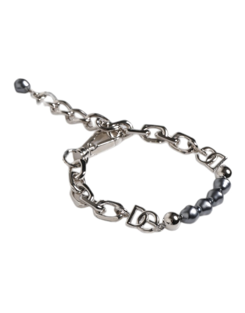 Dolce & Gabbana Silver Tone Chain Lobster Clasp Logo Gray Pearls Bracelet - Beyzy Store - Dolce & Gabbana