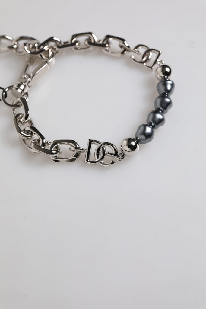 Dolce & Gabbana Silver Tone Chain Lobster Clasp Logo Gray Pearls Bracelet - Beyzy Store - Dolce & Gabbana