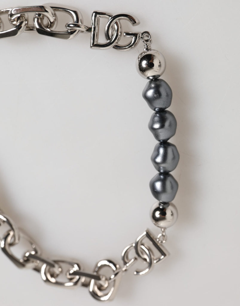 Dolce & Gabbana Silver Tone Chain Lobster Clasp Logo Gray Pearls Bracelet - Beyzy Store - Dolce & Gabbana