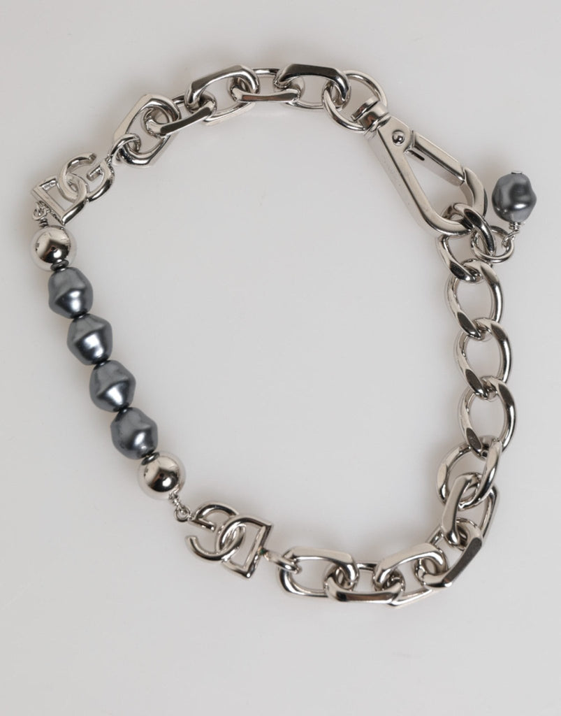 Dolce & Gabbana Silver Tone Chain Lobster Clasp Logo Gray Pearls Bracelet - Beyzy Store - Dolce & Gabbana