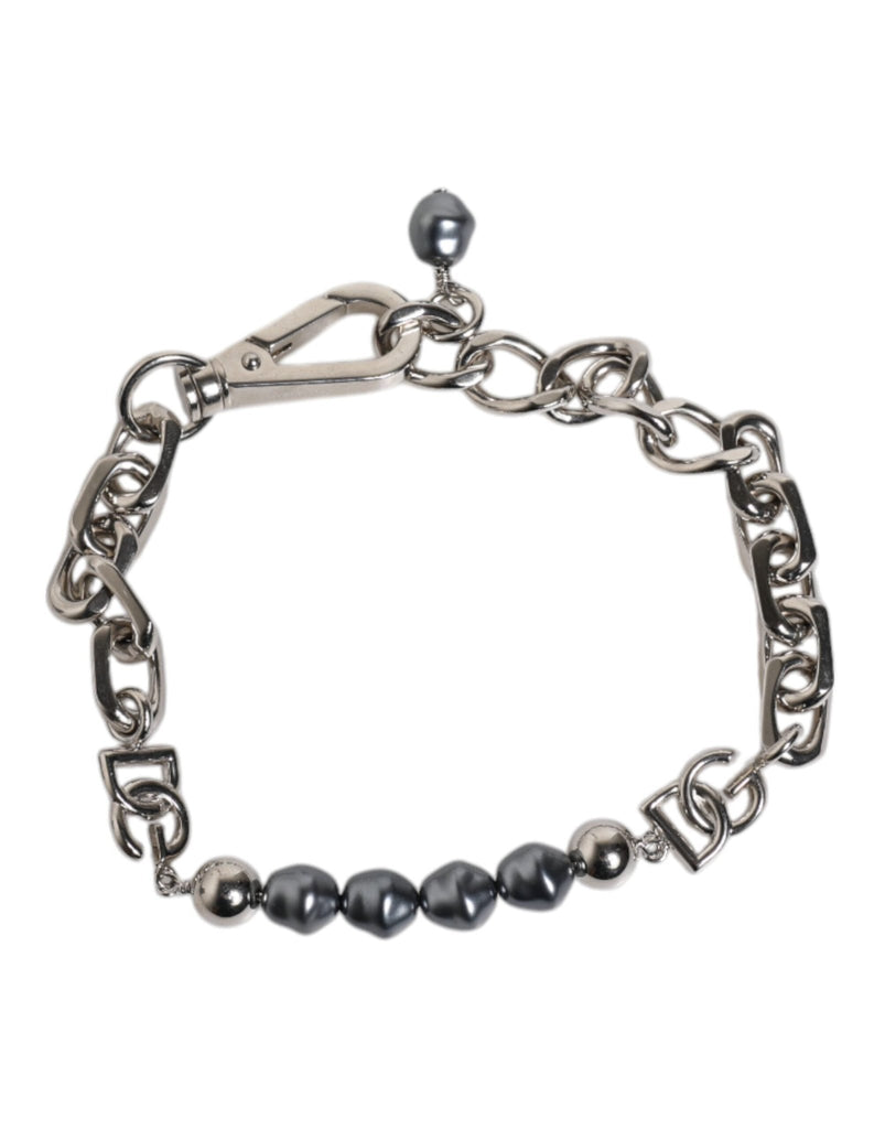Dolce & Gabbana Silver Tone Chain Lobster Clasp Logo Gray Pearls Bracelet - Beyzy Store - Dolce & Gabbana