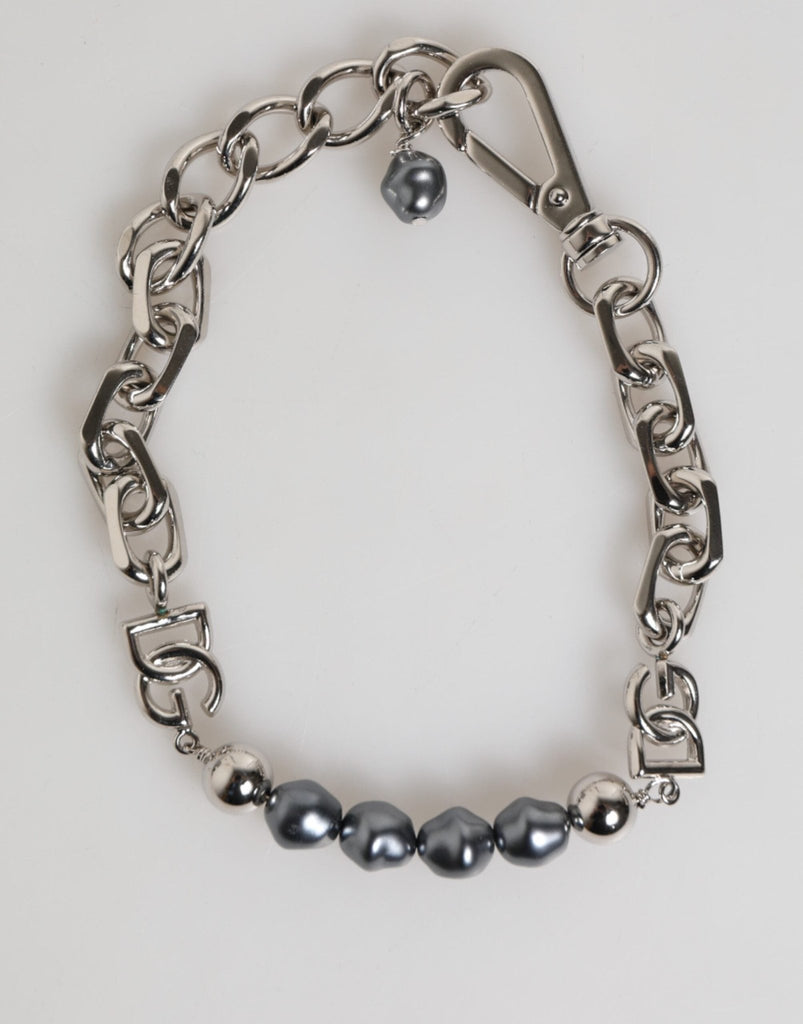 Dolce & Gabbana Silver Tone Chain Lobster Clasp Logo Gray Pearls Bracelet - Beyzy Store - Dolce & Gabbana