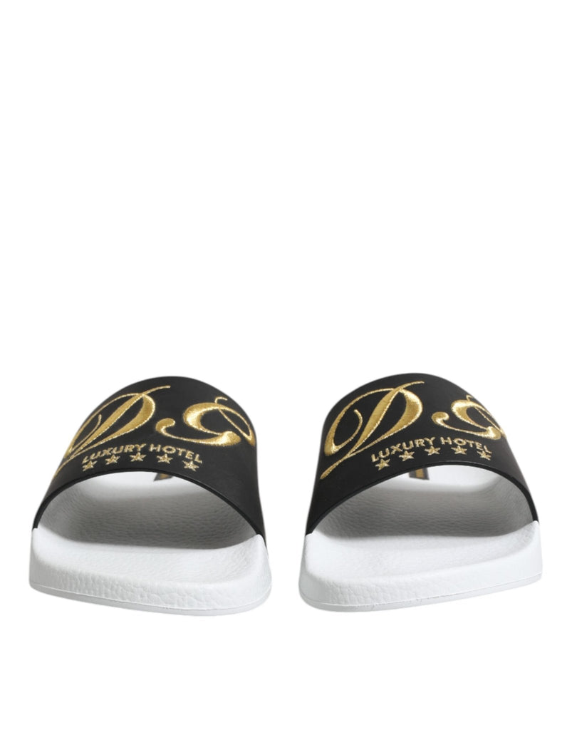 Dolce & Gabbana White Black Leather Sandals Beachwear Shoes - Beyzy Store - Dolce & Gabbana