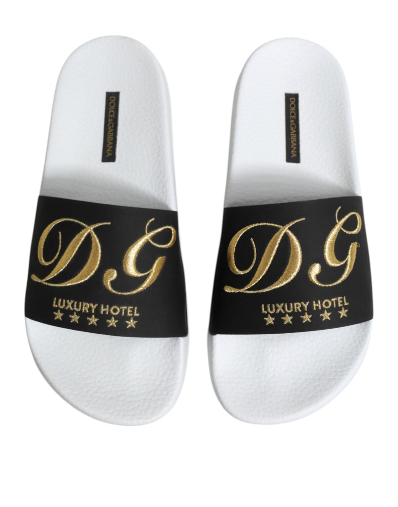 Dolce & Gabbana White Black Leather Sandals Beachwear Shoes - Beyzy Store - Dolce & Gabbana
