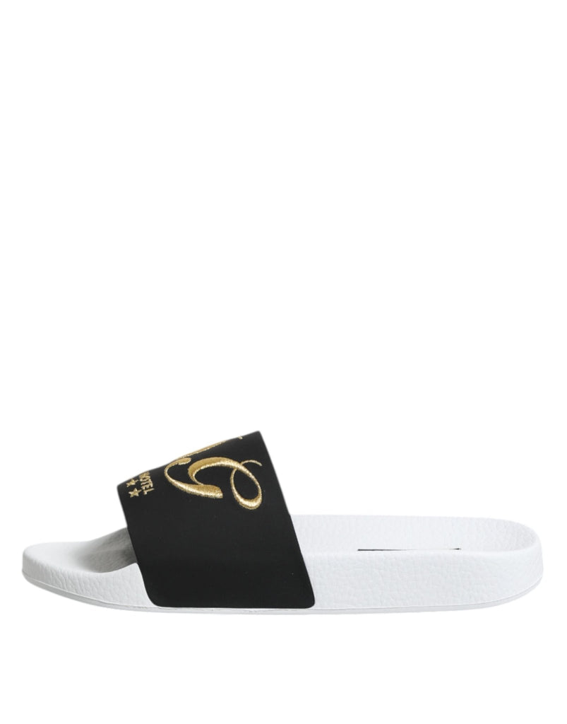 Dolce & Gabbana White Black Leather Sandals Beachwear Shoes - Beyzy Store - Dolce & Gabbana