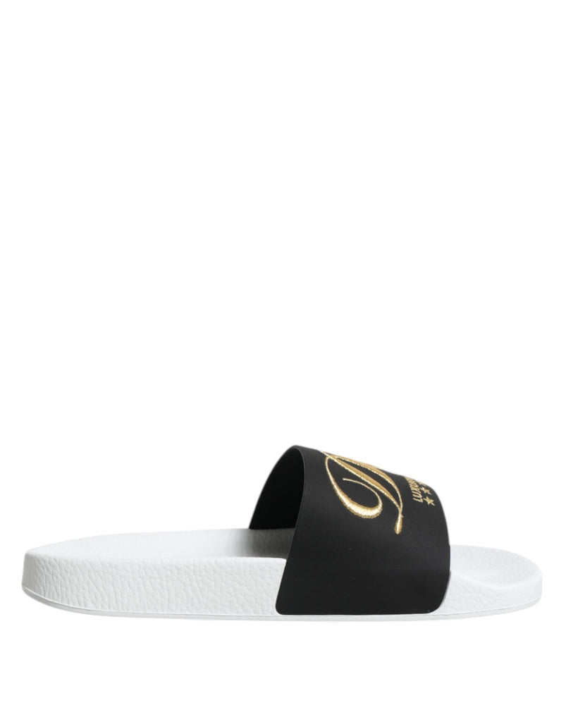 Dolce & Gabbana White Black Leather Sandals Beachwear Shoes - Beyzy Store - Dolce & Gabbana
