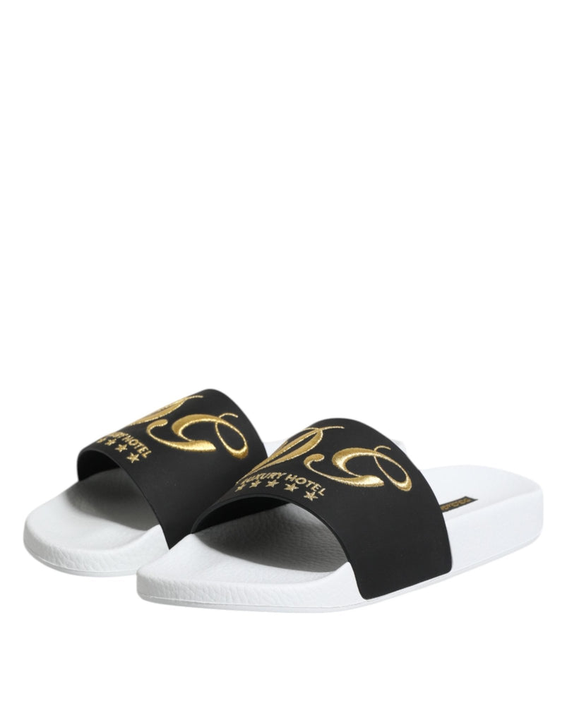 Dolce & Gabbana White Black Leather Sandals Beachwear Shoes - Beyzy Store - Dolce & Gabbana