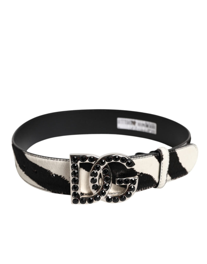 Dolce & Gabbana White Black Leather Zebra DG Crystal Buckle Belt - Beyzy Store - Dolce & Gabbana