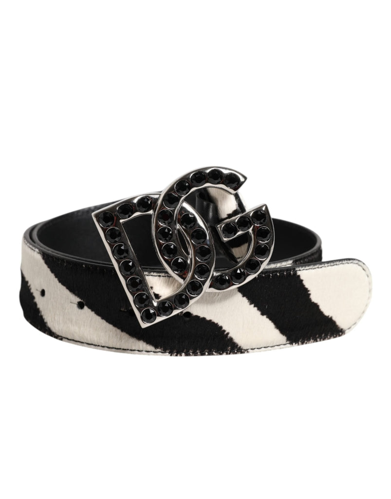 Dolce & Gabbana White Black Leather Zebra DG Crystal Buckle Belt - Beyzy Store - Dolce & Gabbana
