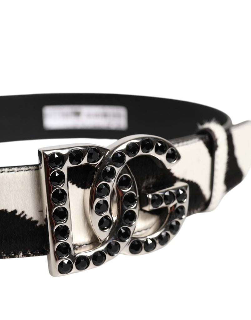 Dolce & Gabbana White Black Leather Zebra DG Crystal Buckle Belt - Beyzy Store - Dolce & Gabbana