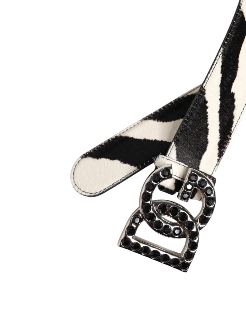 Dolce & Gabbana White Black Leather Zebra DG Crystal Buckle Belt - Beyzy Store - Dolce & Gabbana