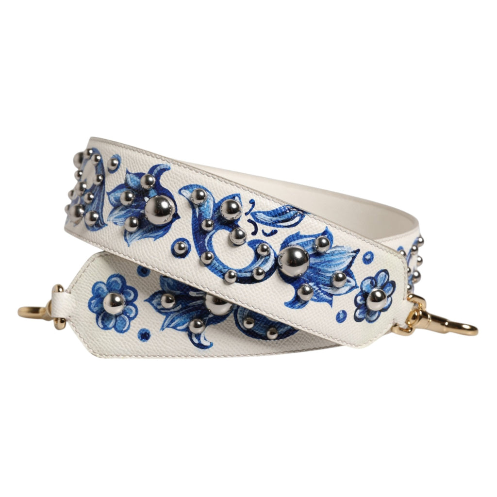 Dolce & Gabbana White Blue Floral Leather Stud Accessory Shoulder Strap - Beyzy Store - Dolce & Gabbana