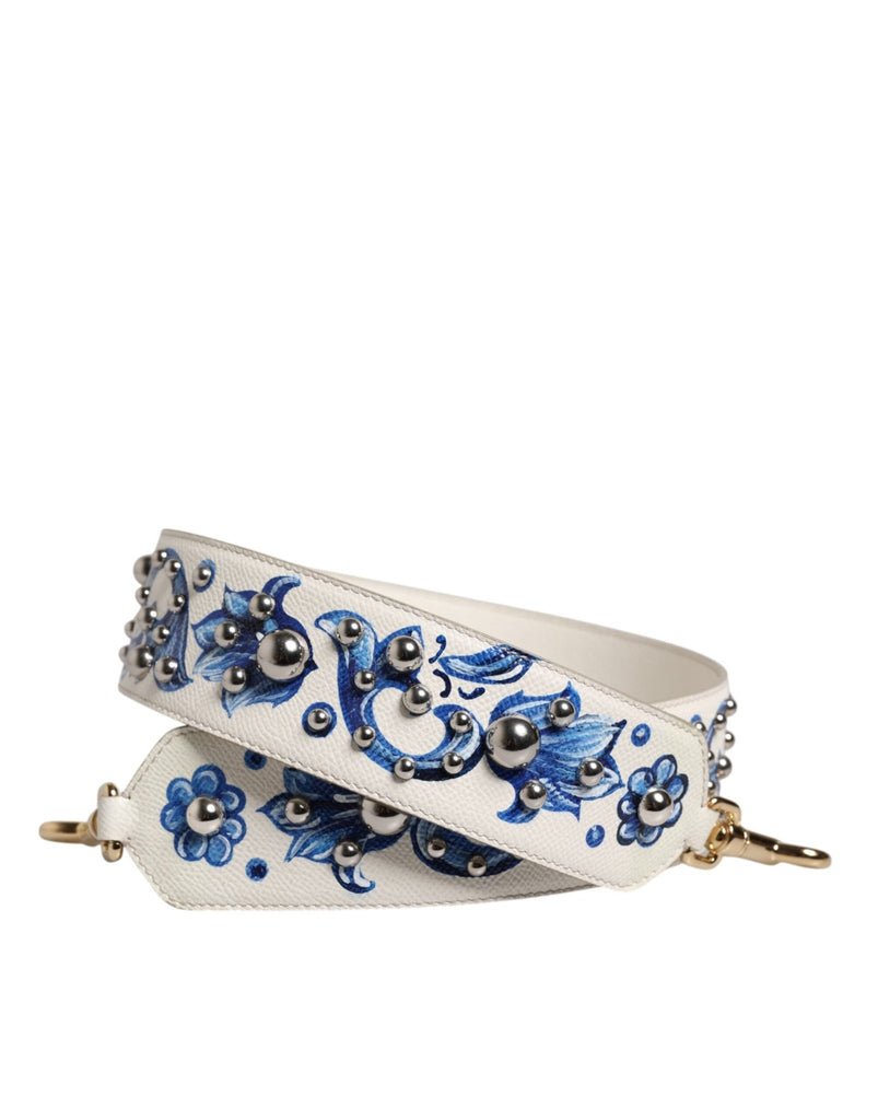 Dolce & Gabbana White Blue Floral Leather Stud Accessory Shoulder Strap - Beyzy Store - Dolce & Gabbana