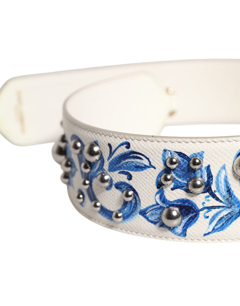 Dolce & Gabbana White Blue Floral Leather Stud Shoulder Strap - Beyzy Store - Dolce & Gabbana