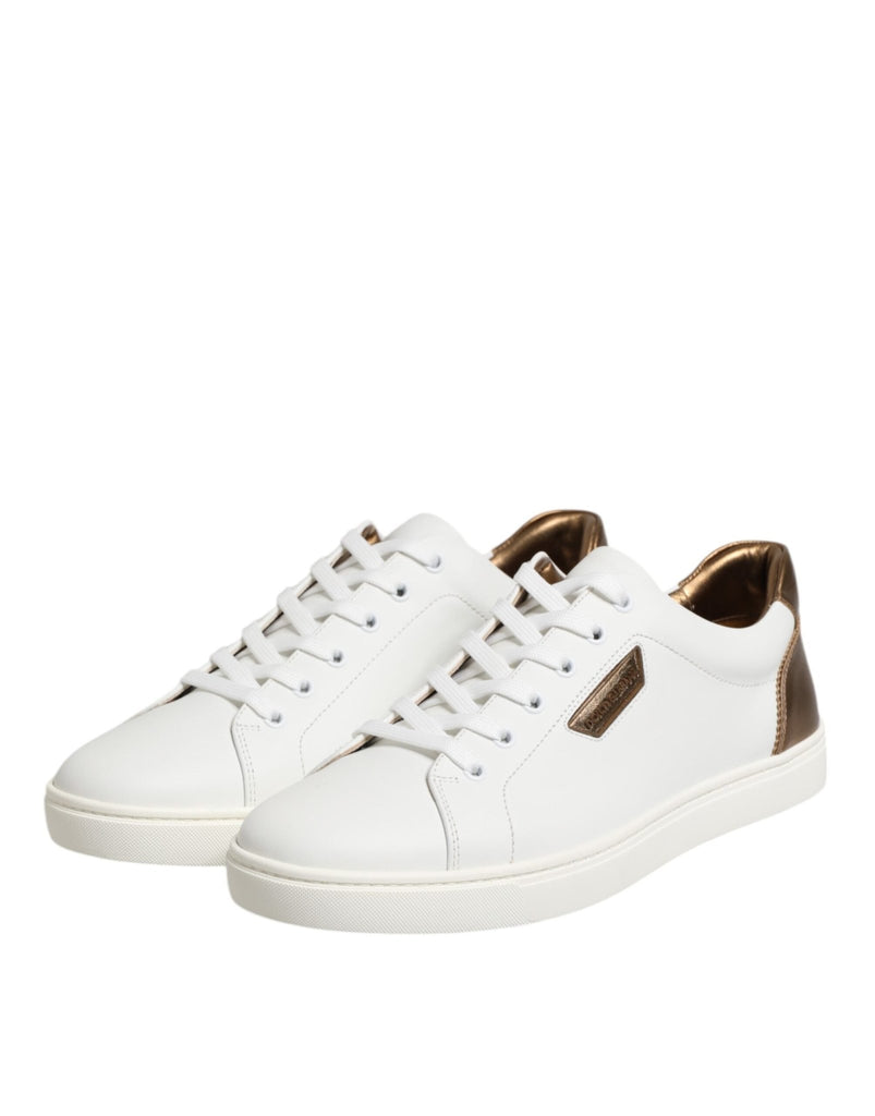 Dolce & Gabbana White Brown Leather Low Top Men Sneakers Shoes - Beyzy Store - Dolce & Gabbana