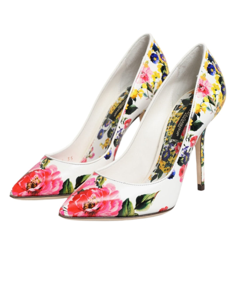 Dolce & Gabbana White Floral Leather High Heels Pumps Shoes - Beyzy Store - Dolce & Gabbana