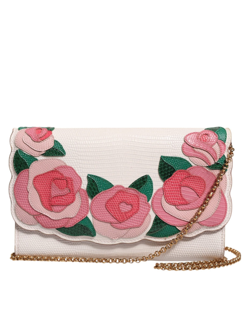 Dolce & Gabbana White Floral Leather Wallet Crossbody Gold Chain Bag - Beyzy Store - Dolce & Gabbana