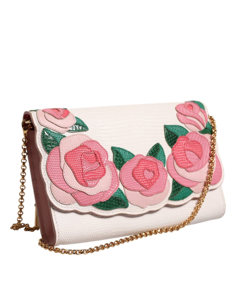 Dolce & Gabbana White Floral Leather Wallet Crossbody Gold Chain Bag - Beyzy Store - Dolce & Gabbana