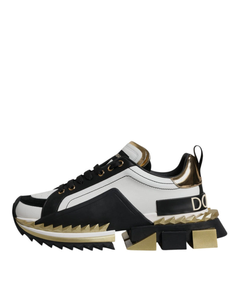 Dolce & Gabbana White Gold Black Leather SUPER KING Sneakers Shoes - Beyzy Store - Dolce & Gabbana