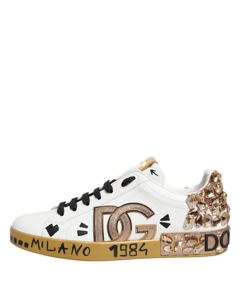 Dolce & Gabbana White Gold Crystal Portofino Sneakers Shoes - Beyzy Store - Dolce & Gabbana