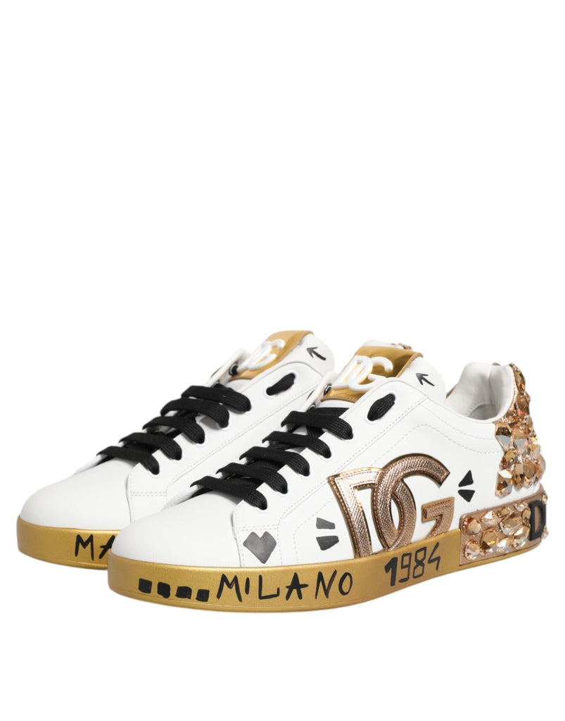 Dolce & Gabbana White Gold Crystal Portofino Sneakers Shoes - Beyzy Store - Dolce & Gabbana